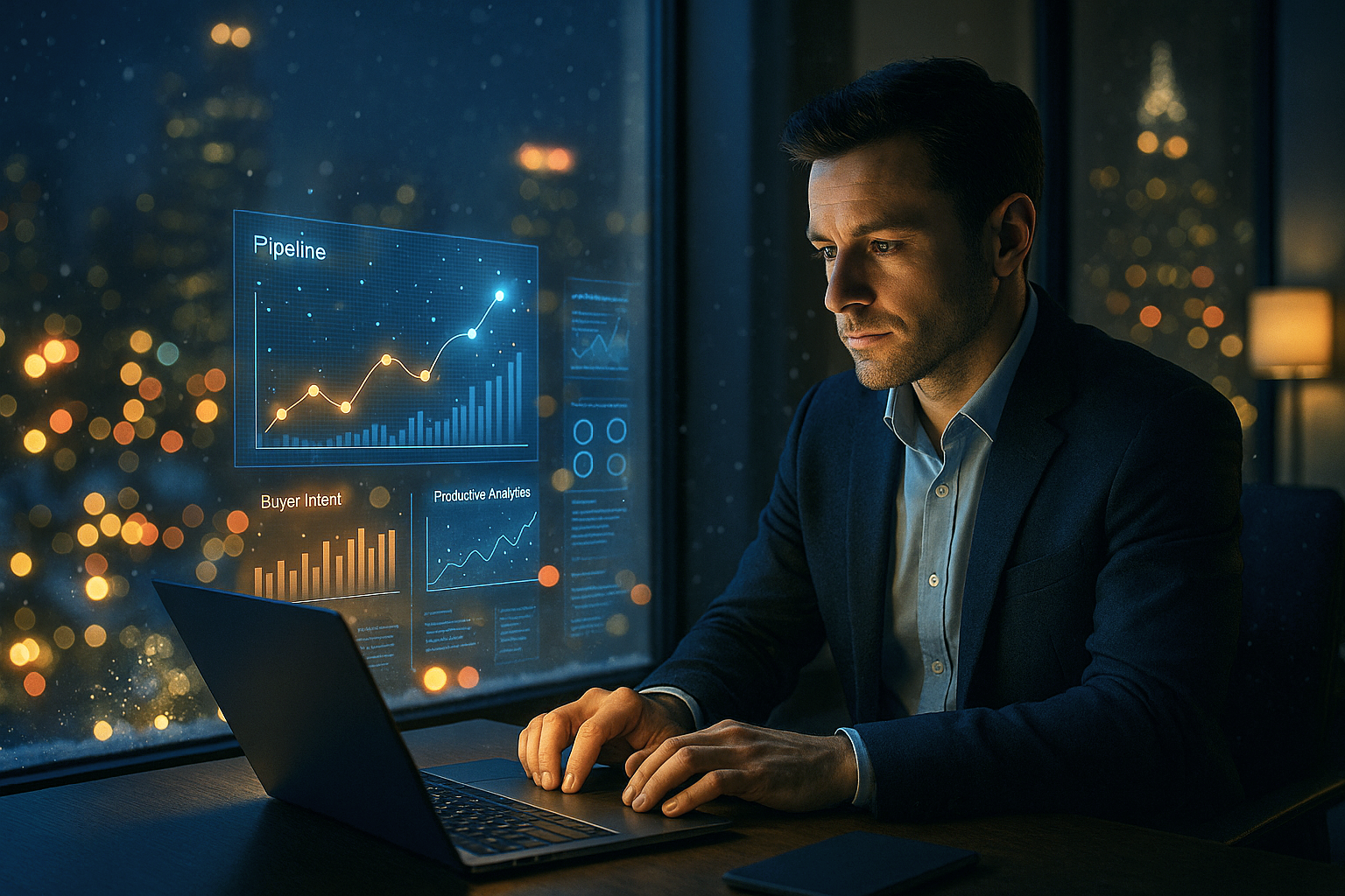 Man working on a laptop at night.