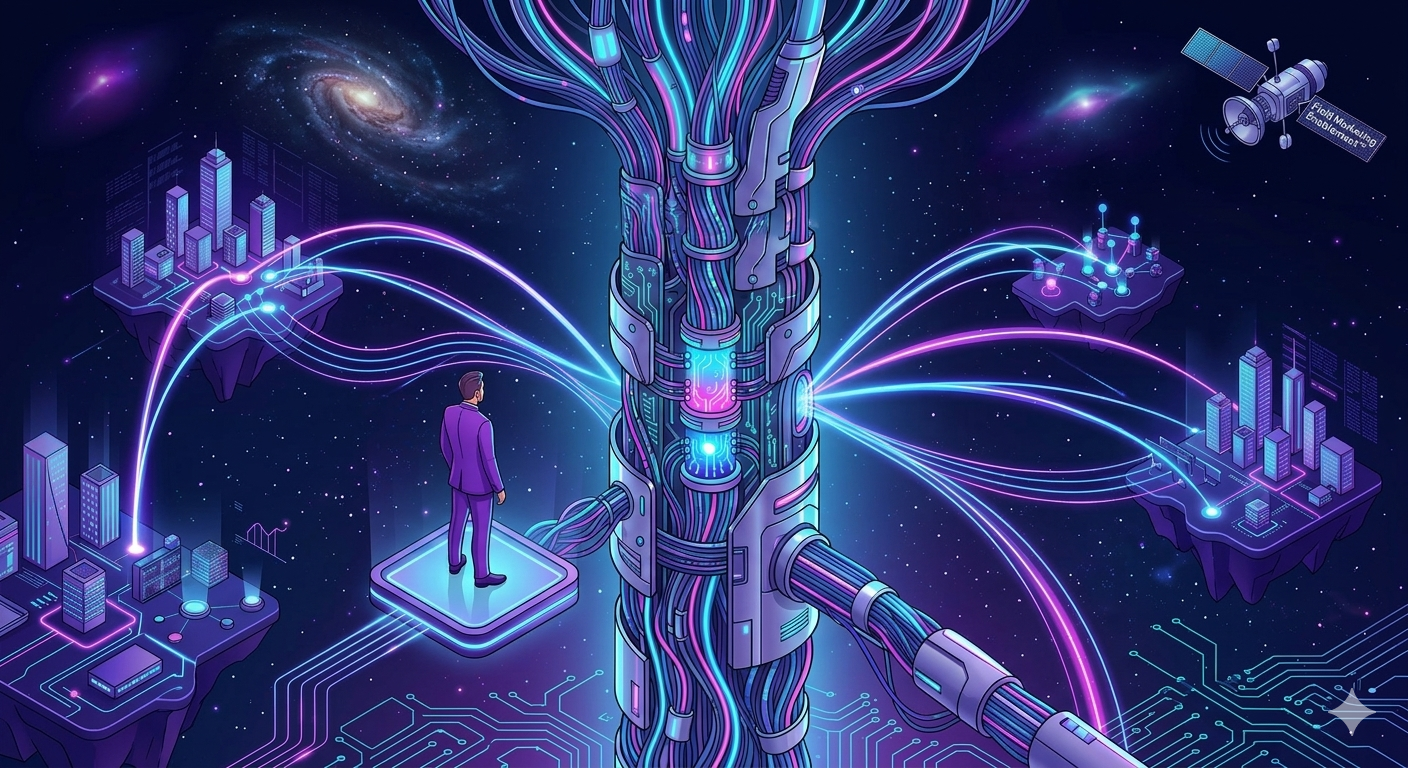 An isometric, futuristic digital illustration in a synthwave style with a dark purple and deep blue background. The central focus is a massive, technological 'central nervous system' shaped like a glowing tree-spine, made of fiber-optic cables, circuit paths, and sleek metallic components. A professional man in a purple suit stands on a glowing platform, looking at this neural structure. Radiating from the central column are numerous glowing data streams (weak ties) connecting to floating city-islands and data clusters. The image uses a vibrant palette of neon cyan, magenta, and electric blue. 