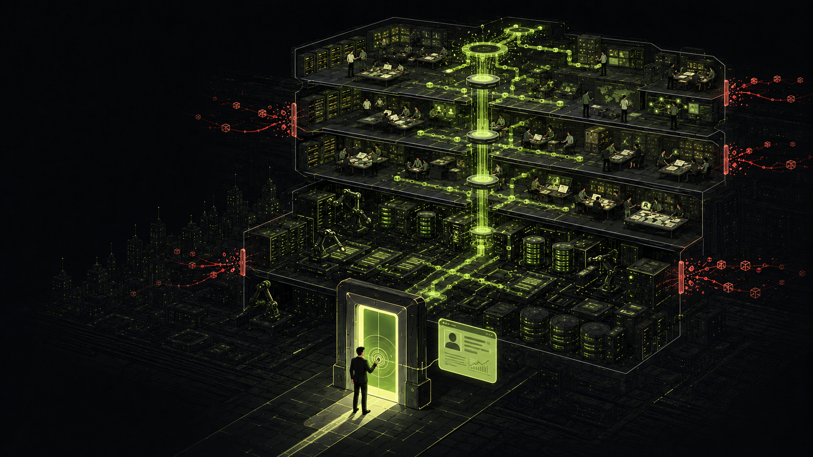 A person stands at a glowing green doorway while a vast, multi-level research and data-verification system operates behind it.