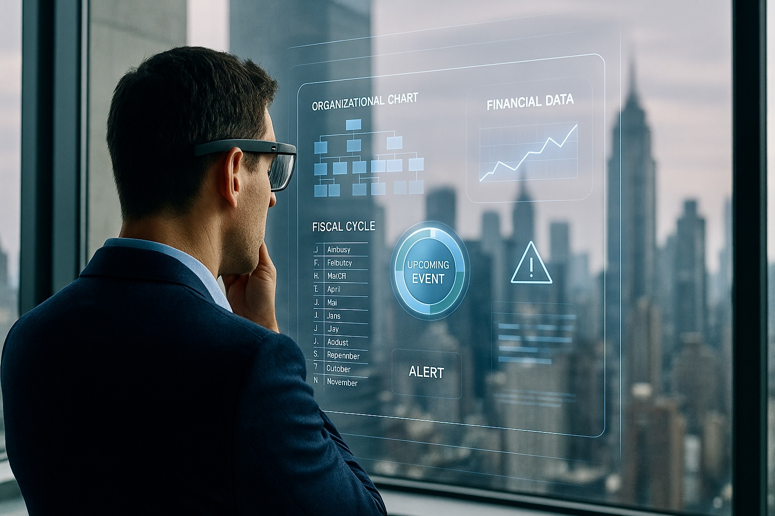 Executive looking at a futuristic floating screen.